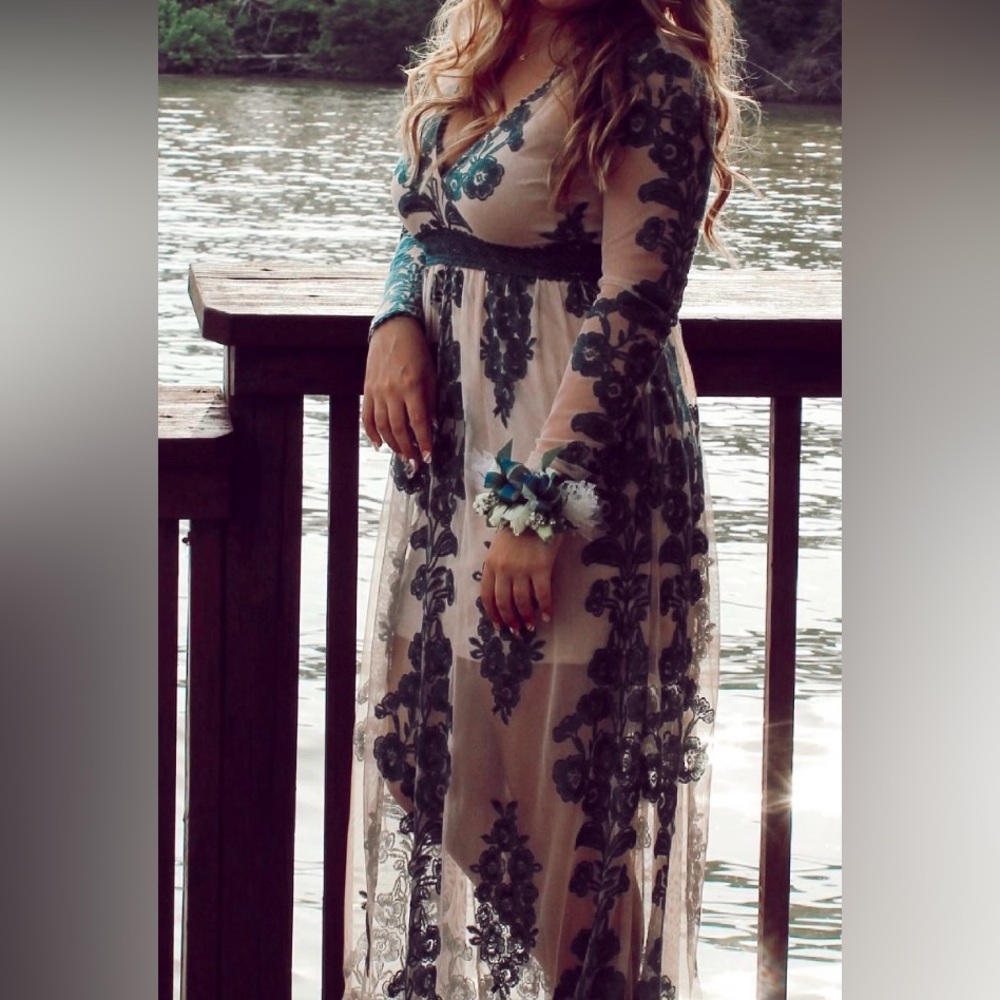 Altar'd State Dark Forest Green and Cream Prom Gown with Bishop Sleeves
